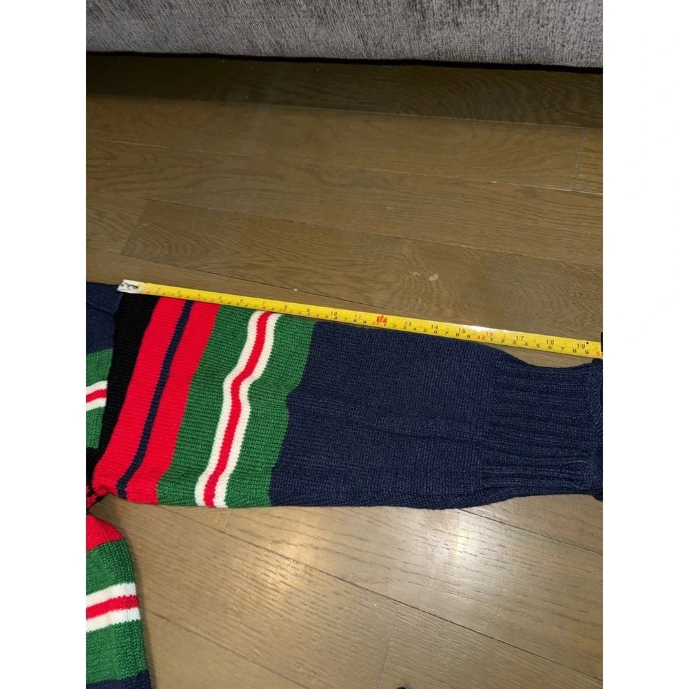 Vintage Style Chunky Knit Striped Sweater Navy Green Red Mock Neck Oversized L‎